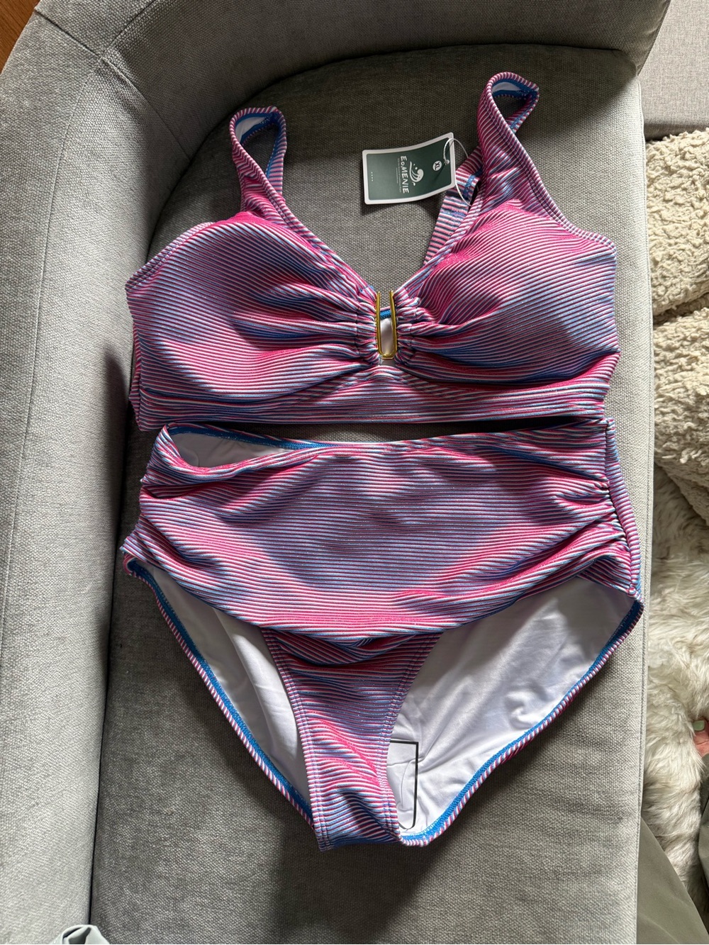 Women’s Red, White & Blue Striped Two-Piece Swimsuit with Gold Accent
